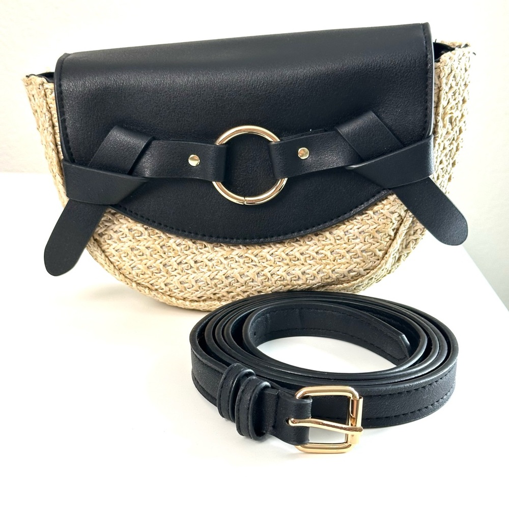Torrid Black and Tan Raffia Belt Bag with Gold Accent